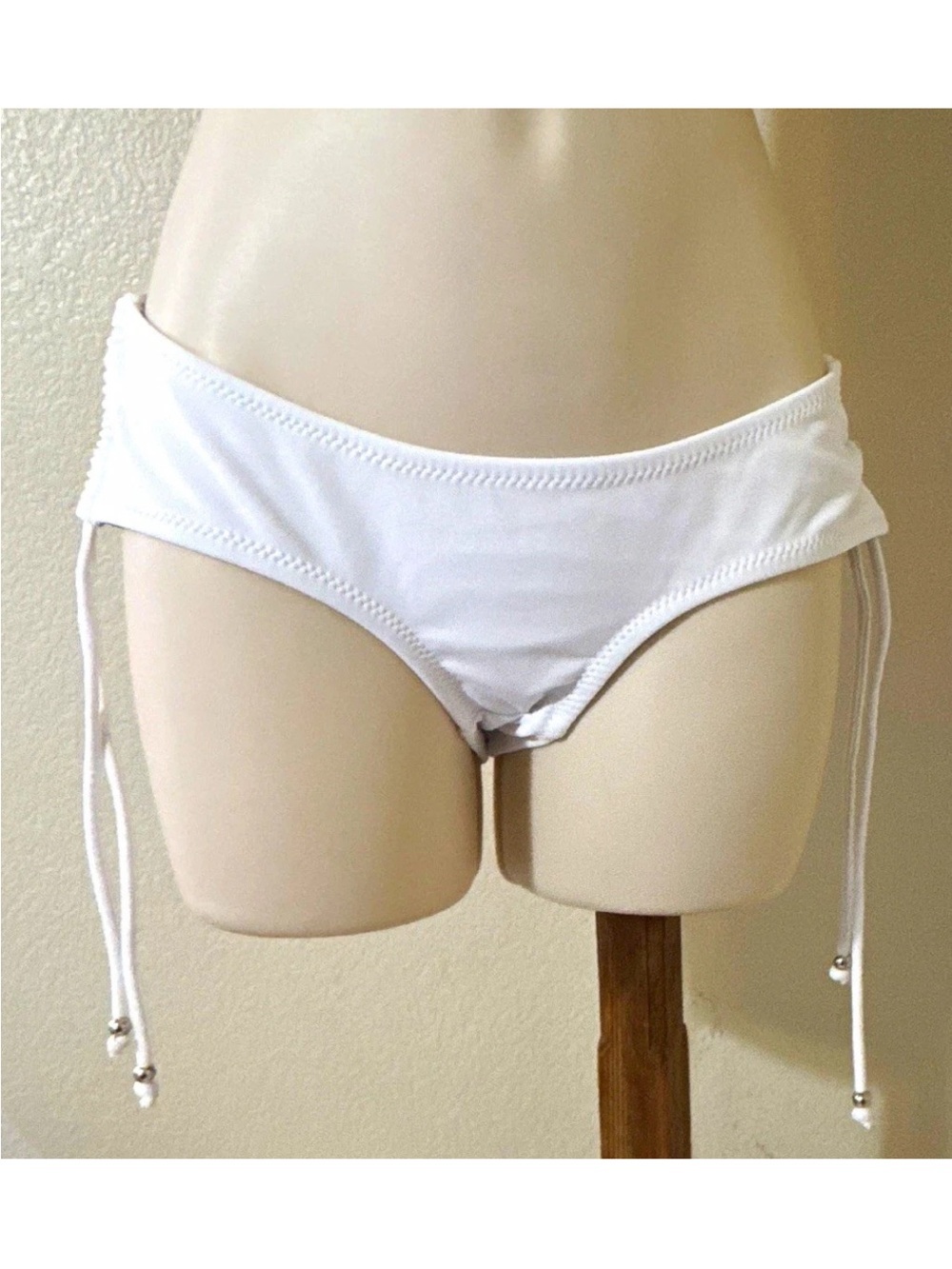 Forever Young White Solid Bikini Bottom Drawstring Adjustable Women medium